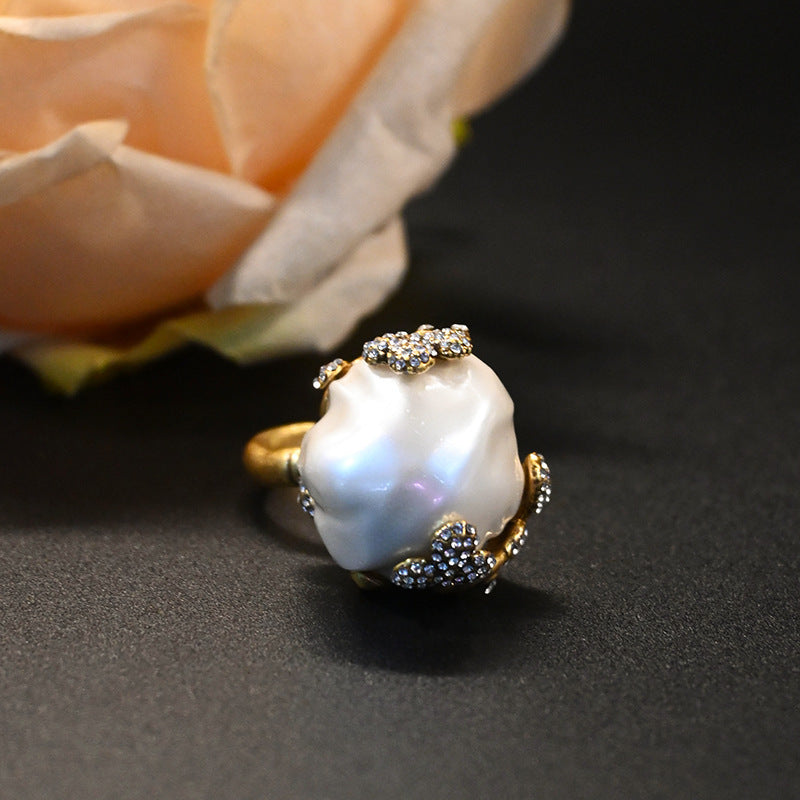Vintage Brass Inlaid Baroque Pearl Bud Earrings And Ring
