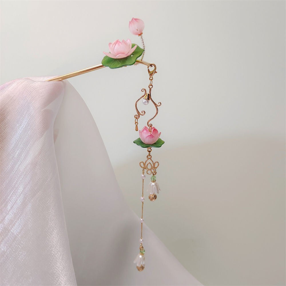 Boucles d'oreilles à épingles à cheveux en forme de lotus à pampilles antiques