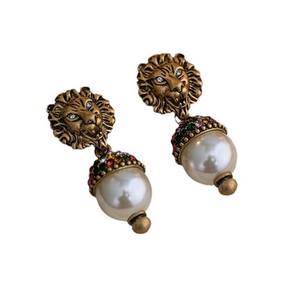 Boucles d'oreilles femme tête de lion perles vintage