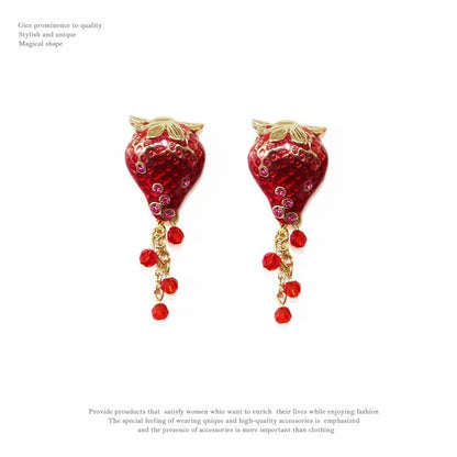 Enamel Dripping Fruit Strawberry Diamond Tassel Sterling Silver Needle Earrings