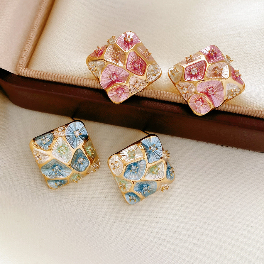 Sterling Silver Vintage Enamel Square Stud Earrings