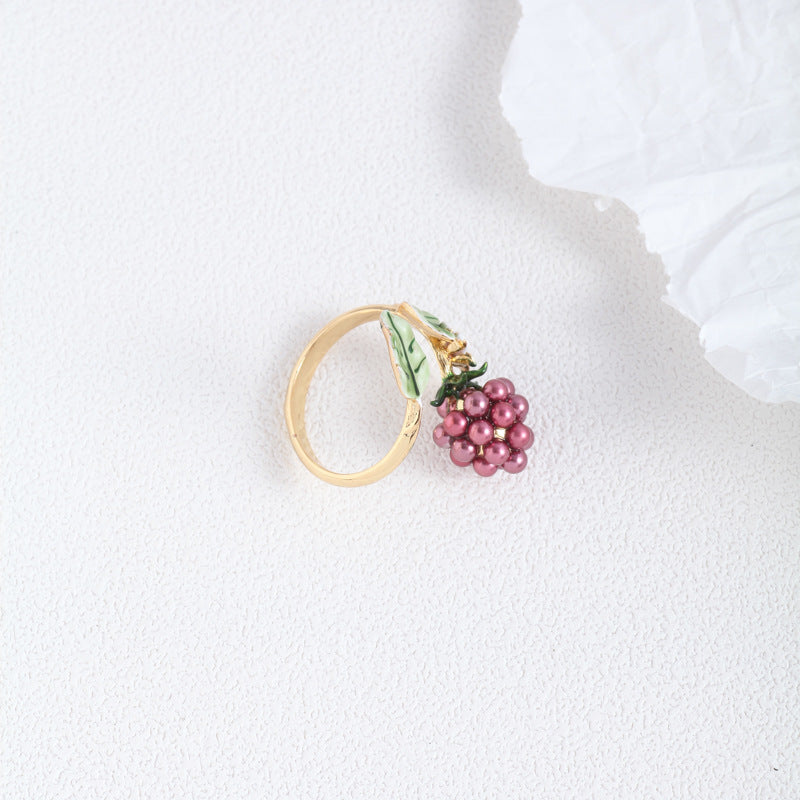 Hand Painted Enamel Glaze Purple Pearl Raspberry Flower Green Leaf Open Ring