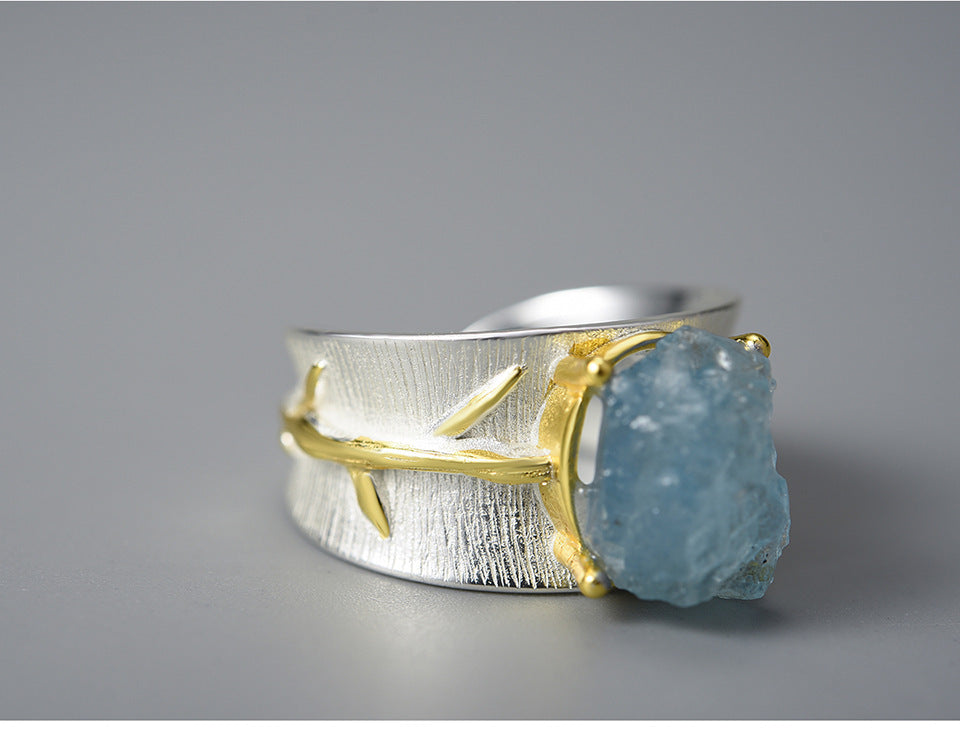 Bague aigue-marine à longues feuilles S925