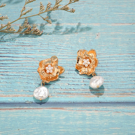 Boucles d'oreilles pendantes en alliage de perles et de fleurs pour femmes