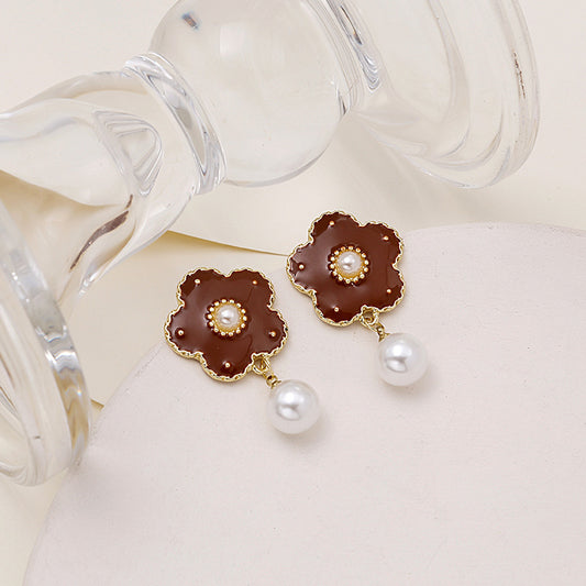 French Baroque Vintage Flower Pearl Drip Oil Earrings