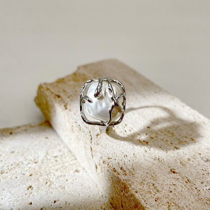 Adjustable Irregular Faux Baroque Pearl Ring