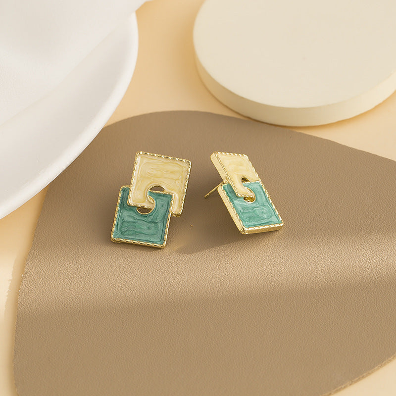 Elegant And Minimalist Color Blocking Square Drop Oil Earrings