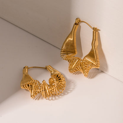 New Simple Elegant 18K Gold Stainless Steel Pleated Earrings