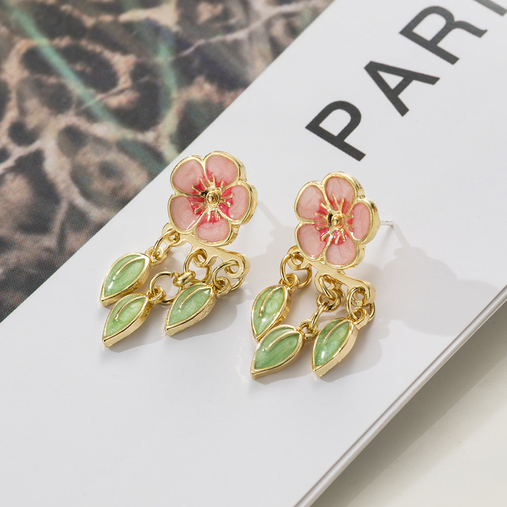 Enamel Drop Oil Peach Blossom Leaf-shapepd Stud Earrings