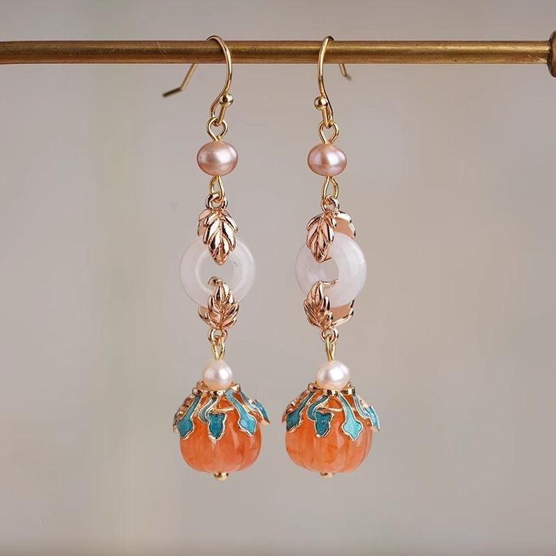 Boucles d'oreilles élégantes en perles de citrouille orange de style ethnique chinois