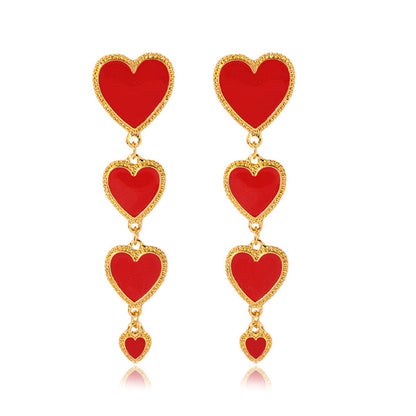 Boucles d'oreilles à pampilles longues avec pendentif en forme de cœur rouge en émail imbriqué pour femmes