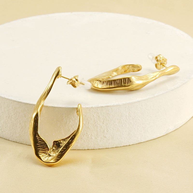 18K Gold plated Titanium Steel Irregular Wood Texture Earrings