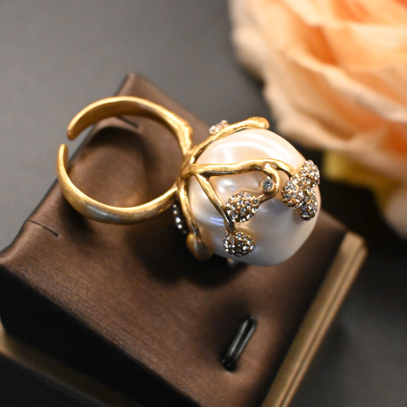 Vintage Brass Inlaid Baroque Pearl Bud Earrings And Ring