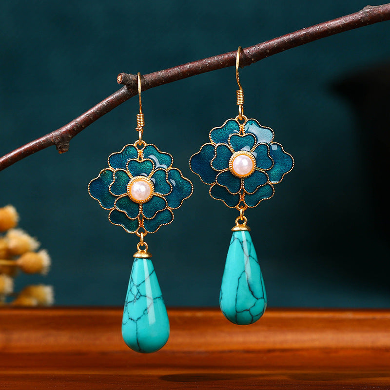 Boucles d'oreilles vintage Camellia Tian-Tsui en perles turquoise