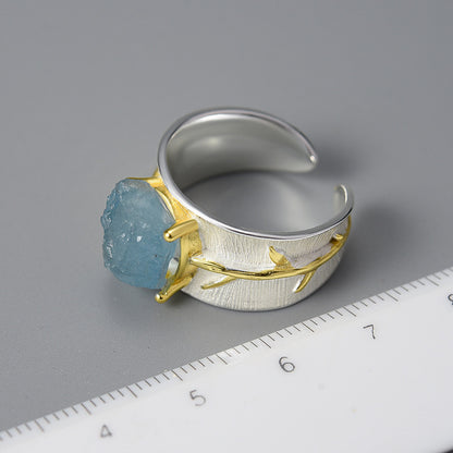 S925 Women's Long Leaf Aquamarine Ring