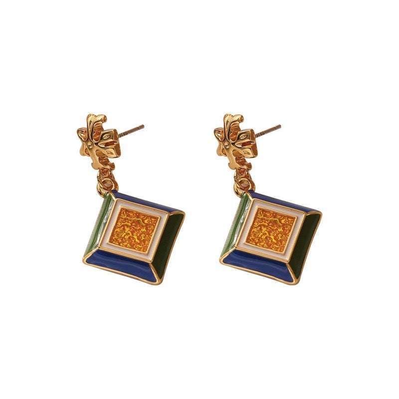 Retro Design Enamel High-grade Light Luxury Refined Personalized Middle-ancient Silver Pin Earrings