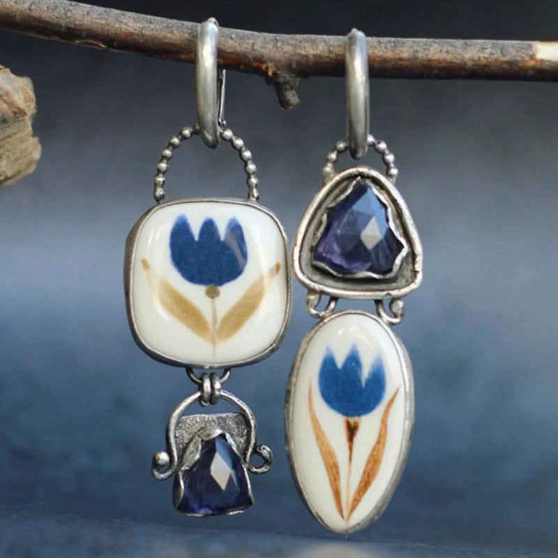 Geometric Enamel Jeweled Earrings Creative Dark Blue