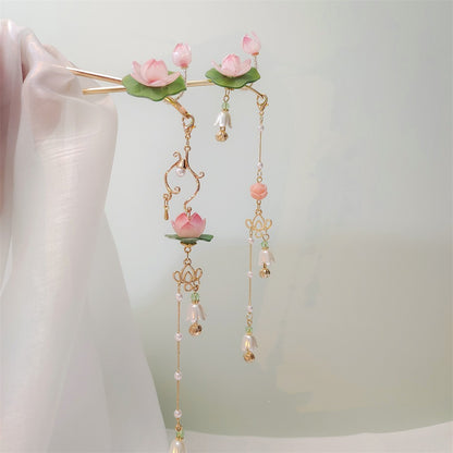 Boucles d'oreilles à épingles à cheveux en forme de lotus à pampilles antiques