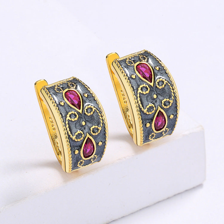 Ruby Gold Plated Earrings Vintage Enamel Two-tone