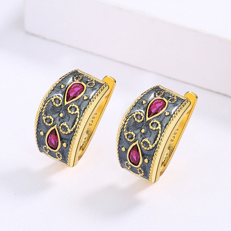 Ruby Gold Plated Earrings Vintage Enamel Two-tone