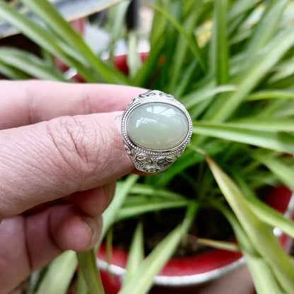 S925 Silver Inlaid Hetian Jade Ring White Jade Ring