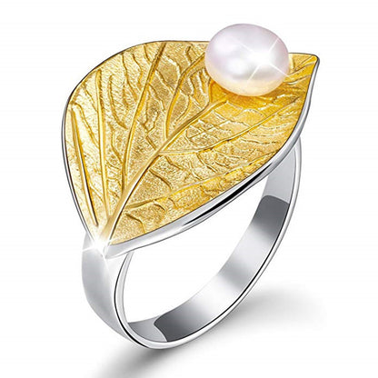 S925 Sterling Silver Lotus Leaf Pearl Ring