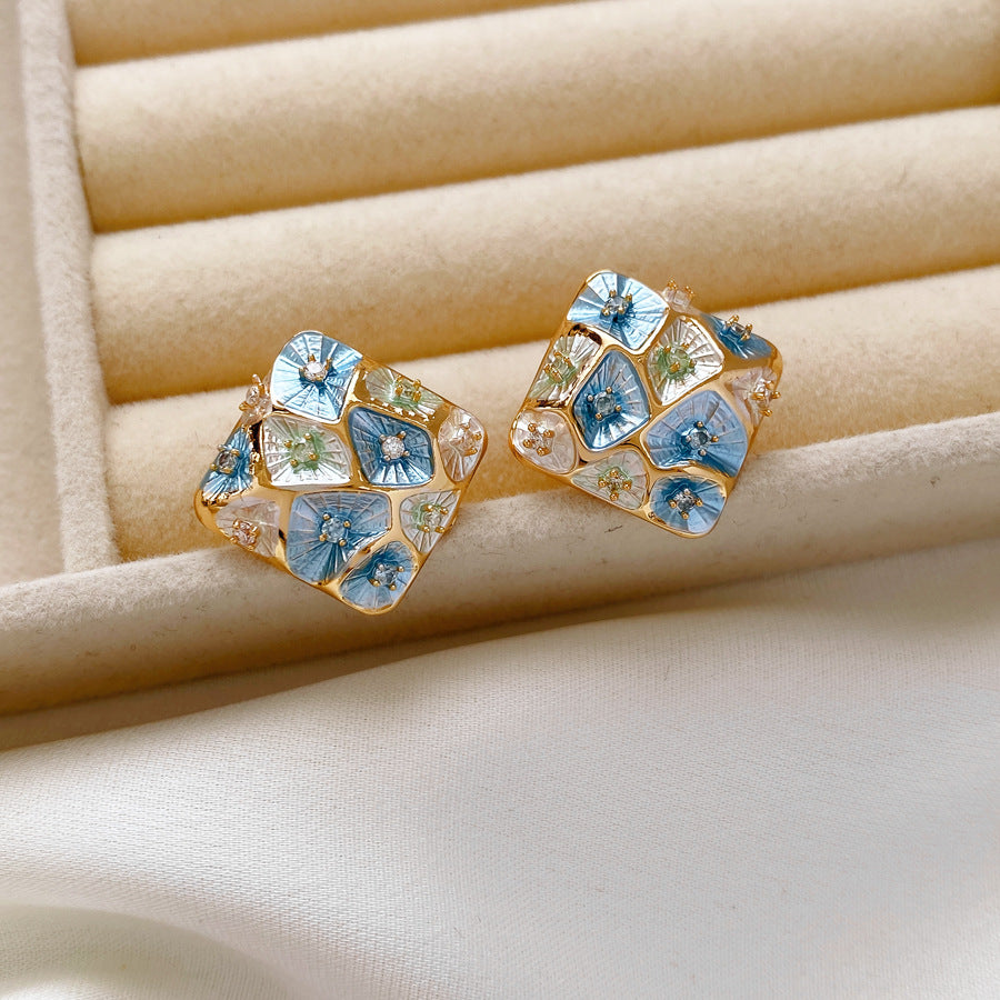 Sterling Silver Vintage Enamel Square Stud Earrings