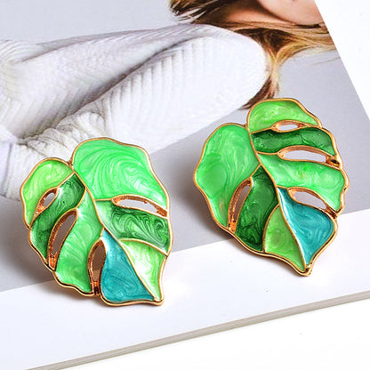 Fashion Alloy Enamel Leaf Dripping Metal Earrings