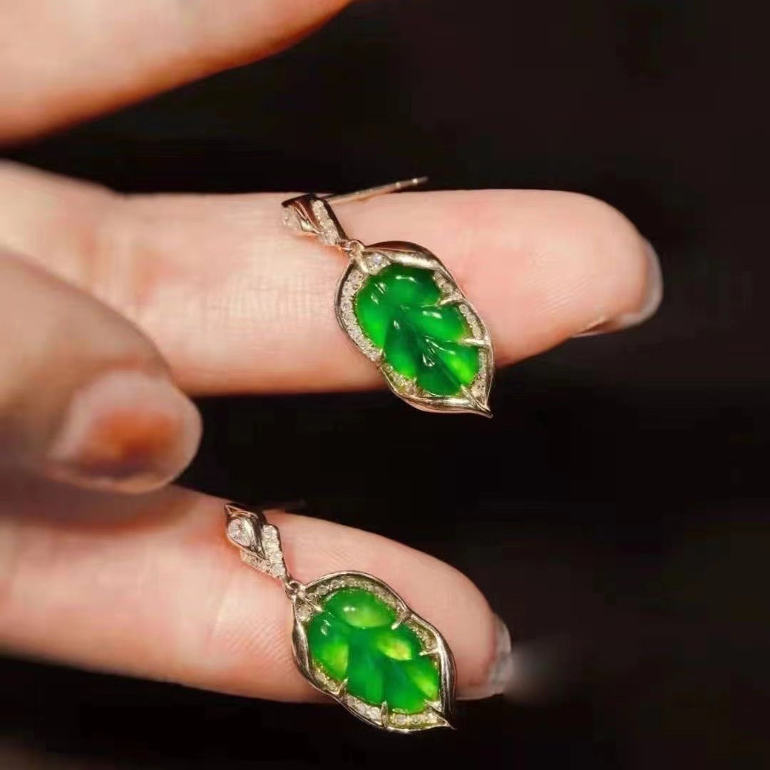 Copper Jade Pulp Leaf Inlaid With Leaf Earrings