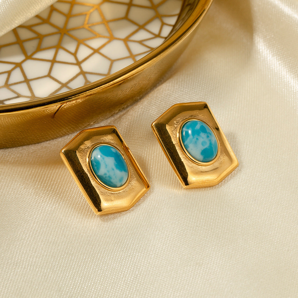 New 18K Gold Stainless Steel Sea-pattern Stone Rectangle Earrings