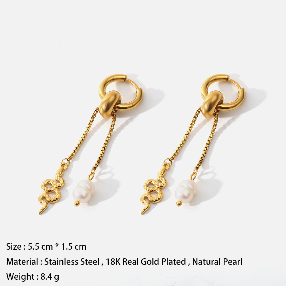 Stainless Steel Electroplated Snake Element Earrings Natural Water Pearl Earrings