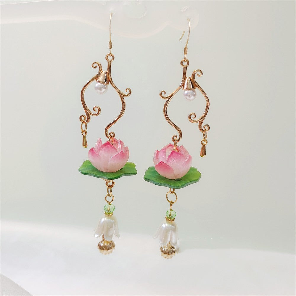 Boucles d'oreilles à épingles à cheveux en forme de lotus à pampilles antiques