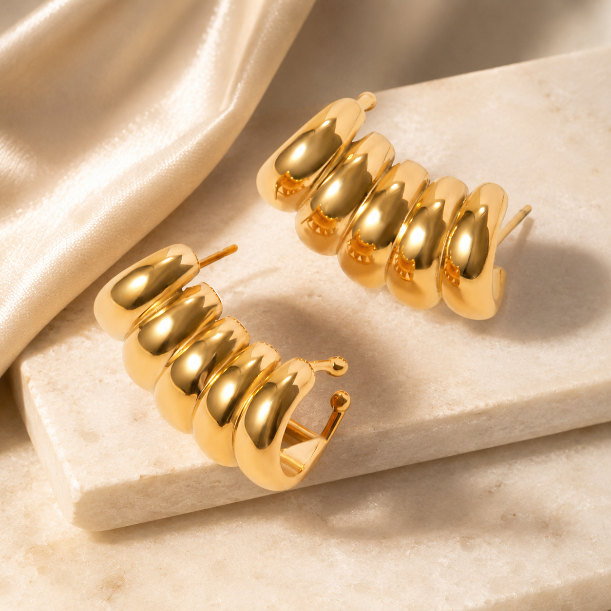 18k Gold Stainless Steel Striped Hollow Earrings