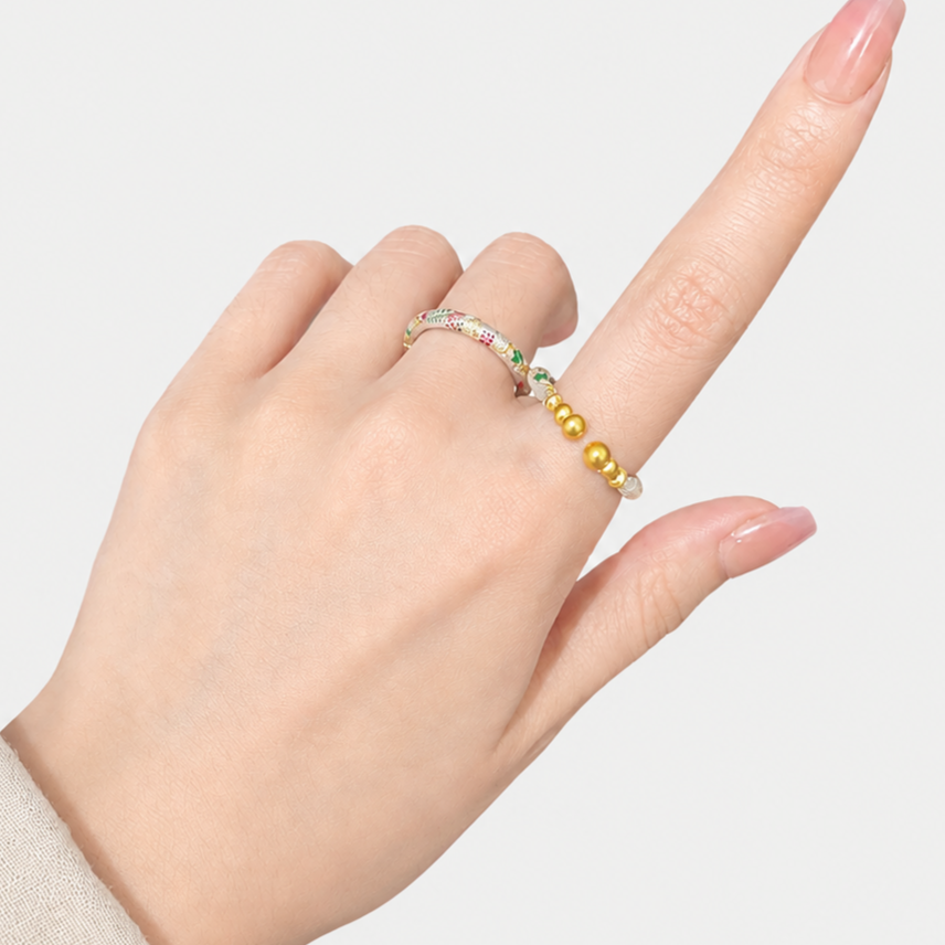 Bague porte-bonheur en émail plaqué or en argent fin 999