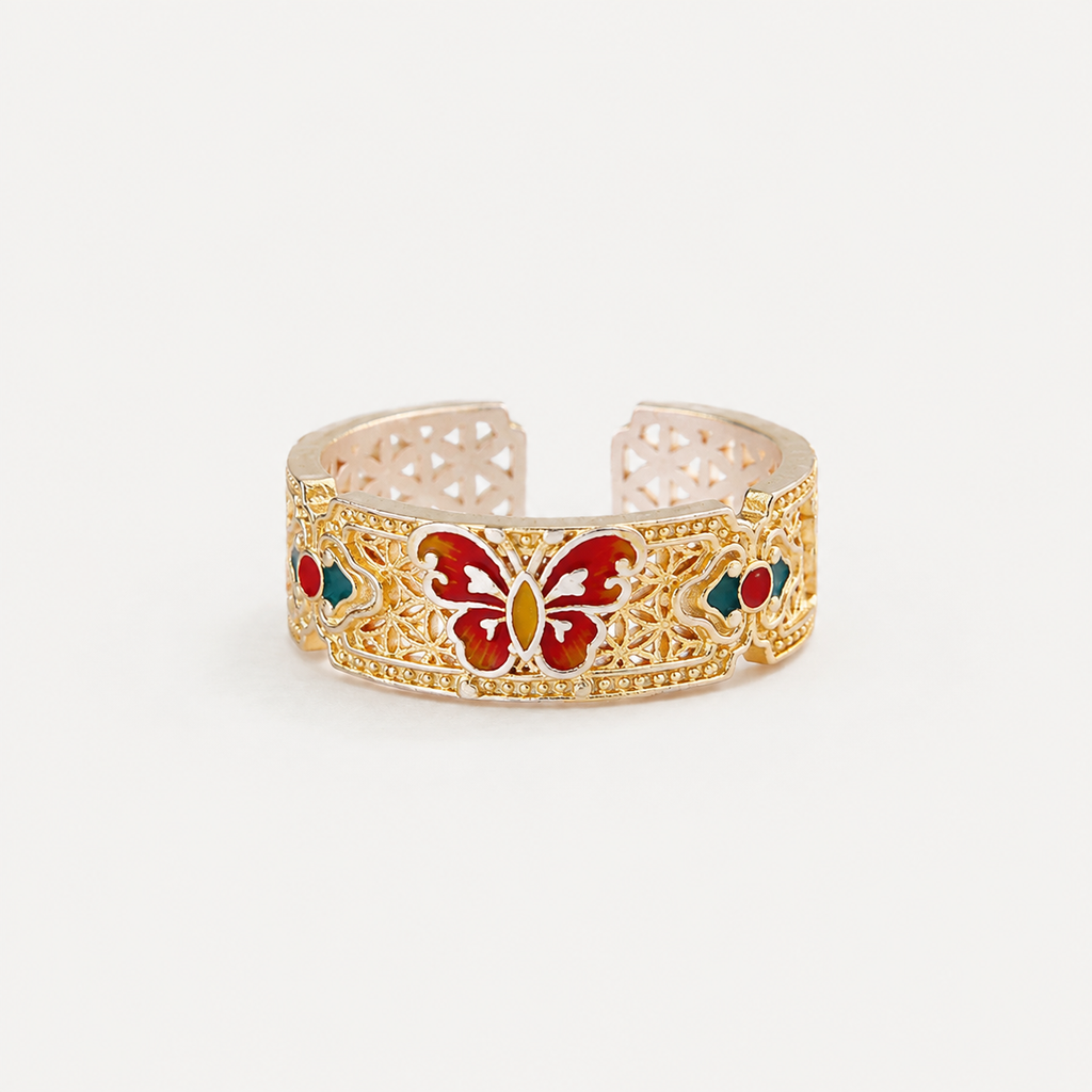 Bague réglable papillon en émail en argent fin 999