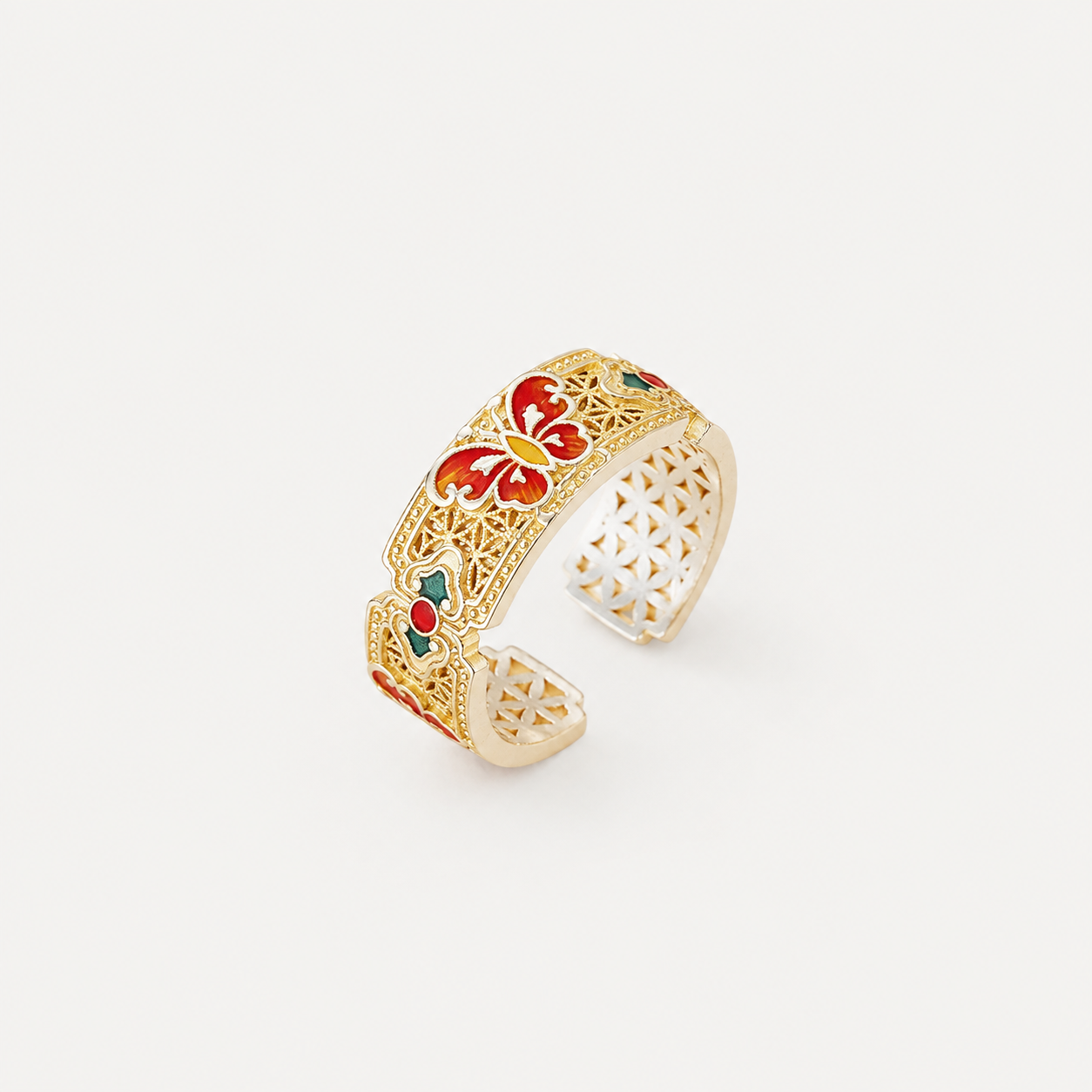 Bague réglable papillon en émail en argent fin 999