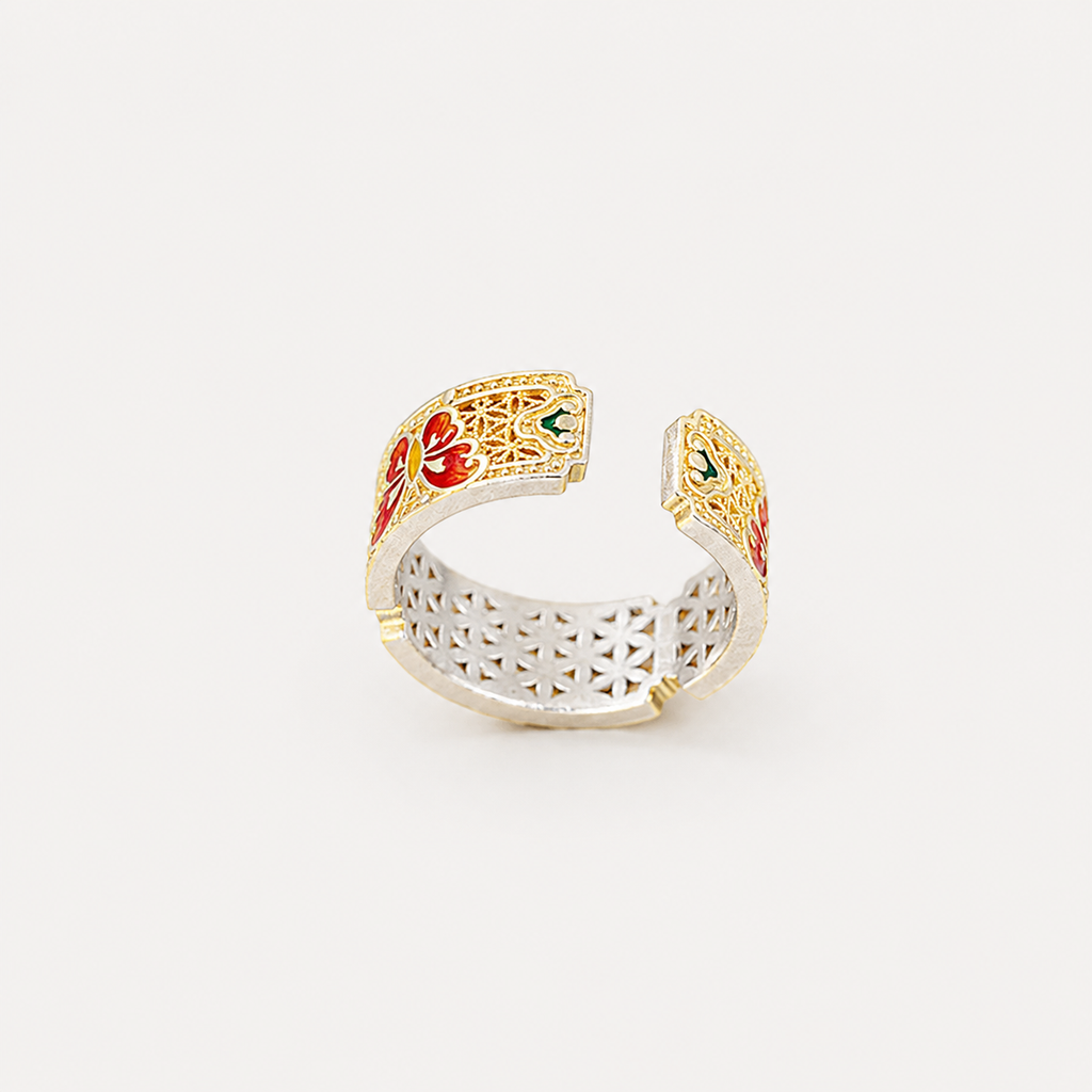 Bague réglable papillon en émail en argent fin 999