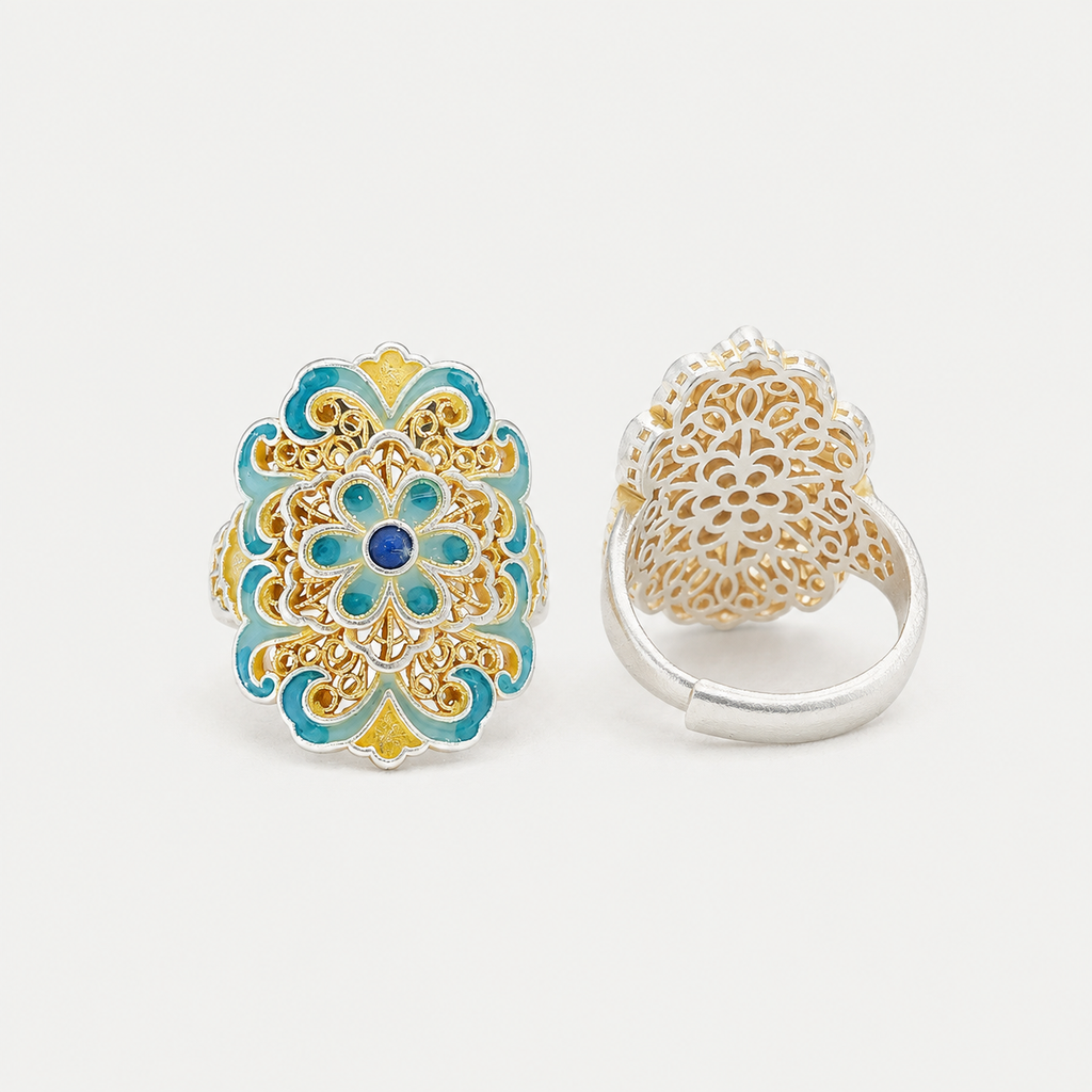 Bague en Argent 999 Émaillé Plaqué Or 18K