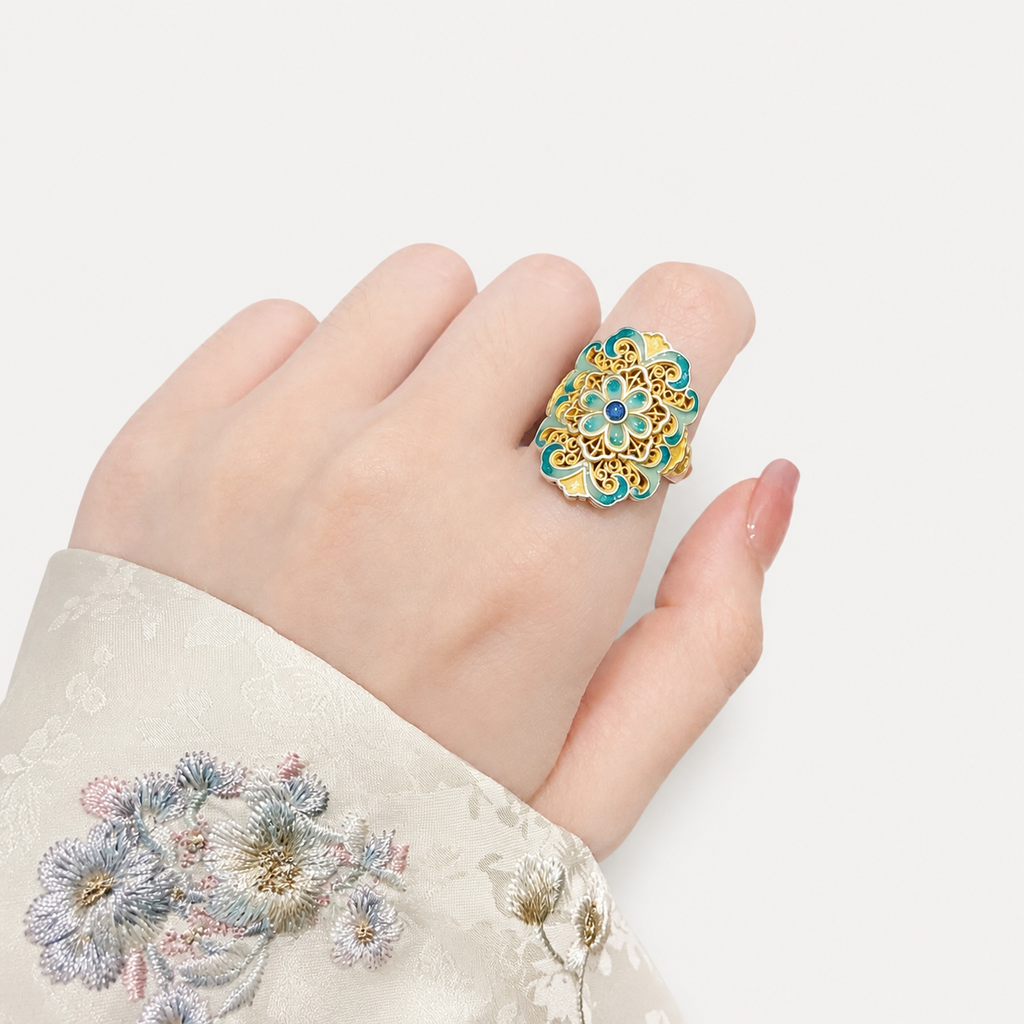 Bague en Argent 999 Émaillé Plaqué Or 18K