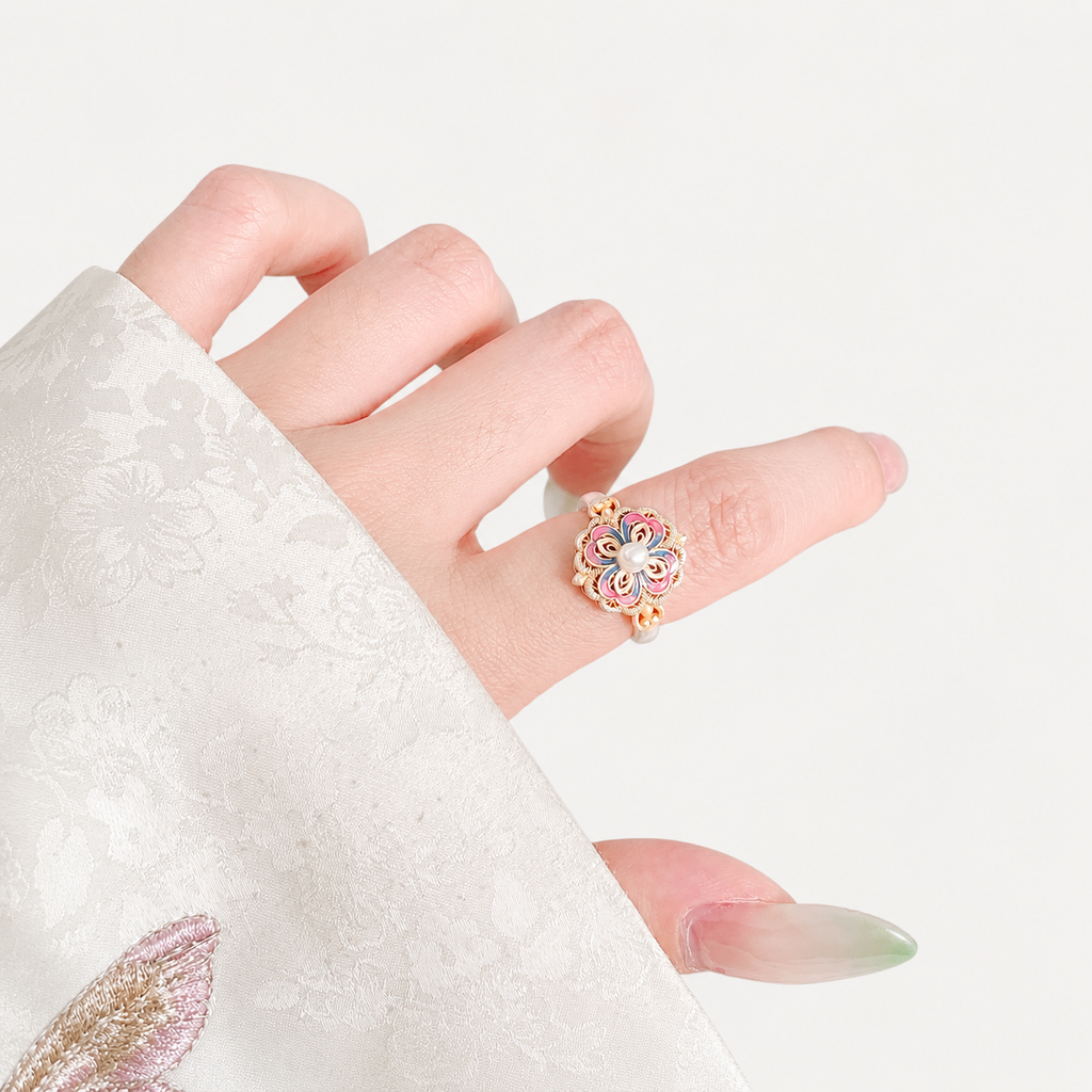 Bague en argent fin 999, filigrane émaillé, avec perle