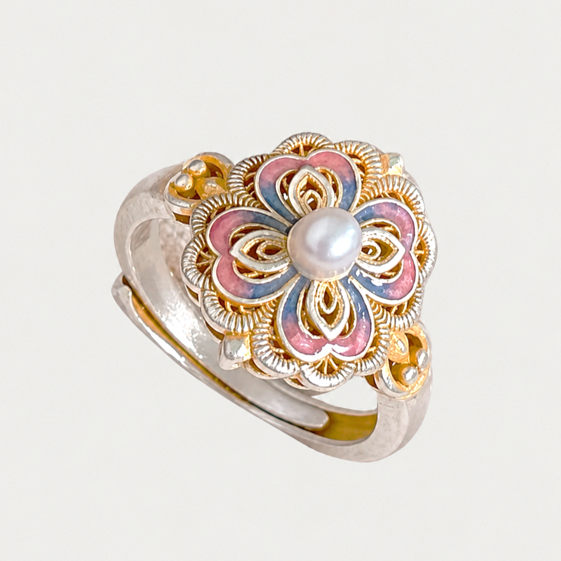 Bague en argent fin 999, filigrane émaillé, avec perle