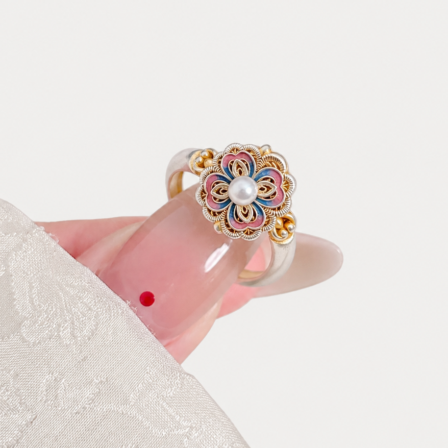 Bague en argent fin 999, filigrane émaillé, avec perle