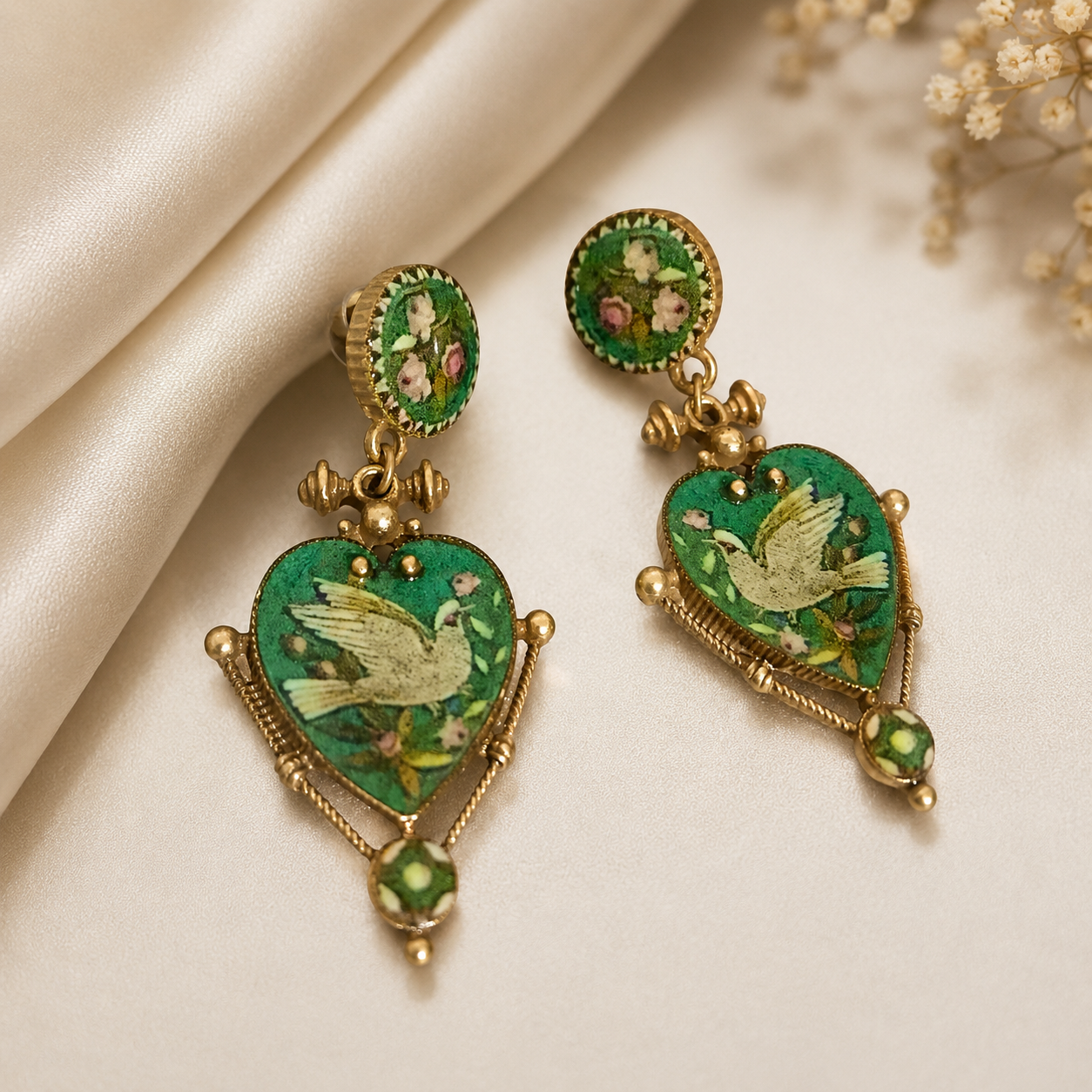 Boucles d'oreilles colombe en émail laiton plaqué or