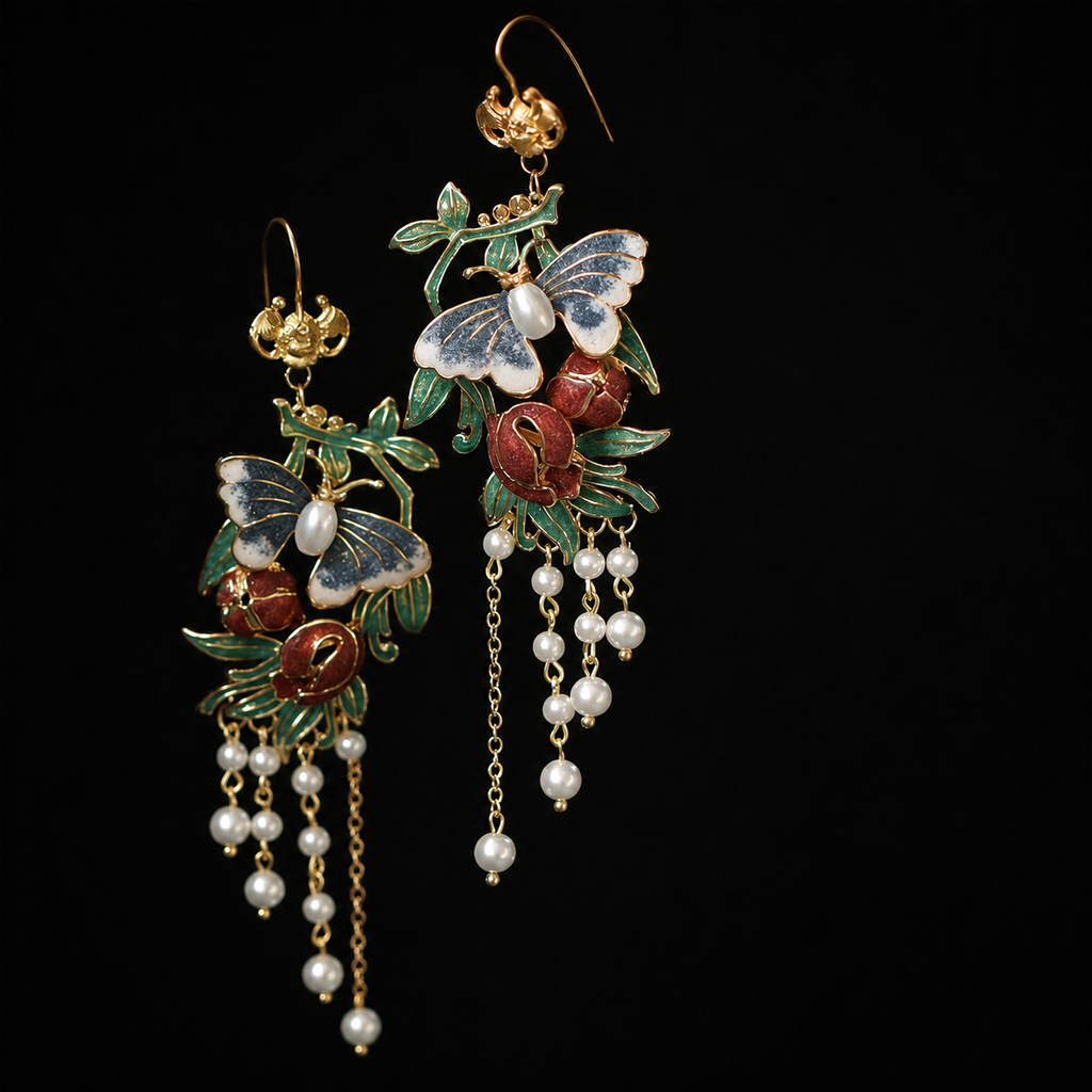 Boucles d'oreilles perles fleurs papillons émaillées