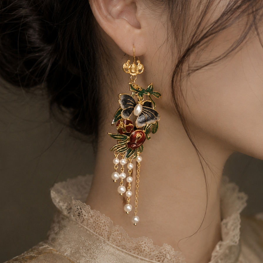Boucles d'oreilles perles fleurs papillons émaillées