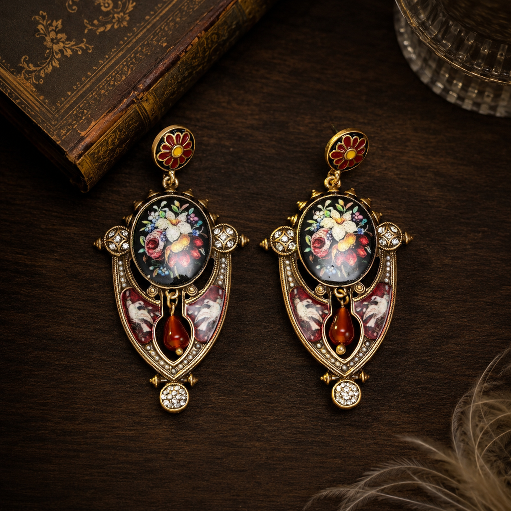 Boucles d'oreilles émaillées murales florales plaquées or