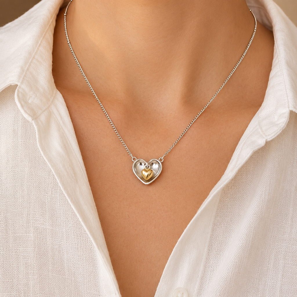 18k Gold Silver Heart Two-tone Necklace