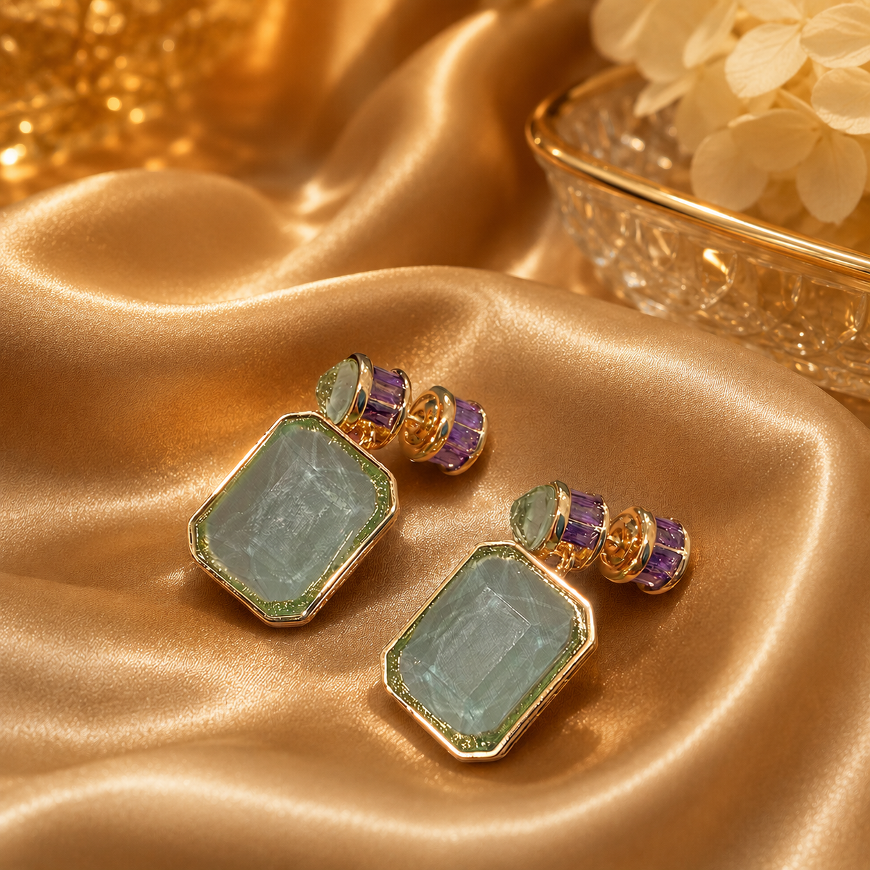 18k Gold Vermeil Green Beryl & Natural Purple Diamond Earrings