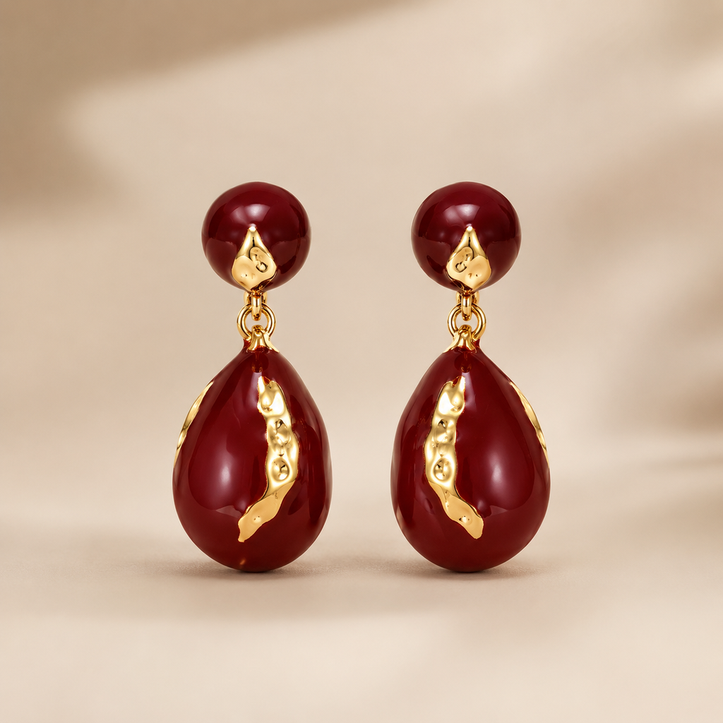Boucles d'oreilles goutte d'eau émaillées rouge lie-de-vin vintage