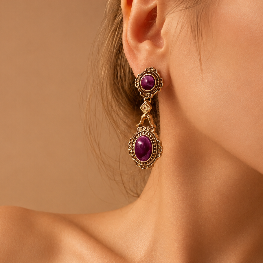 Antique Gold Plated Purple Brass Earrings